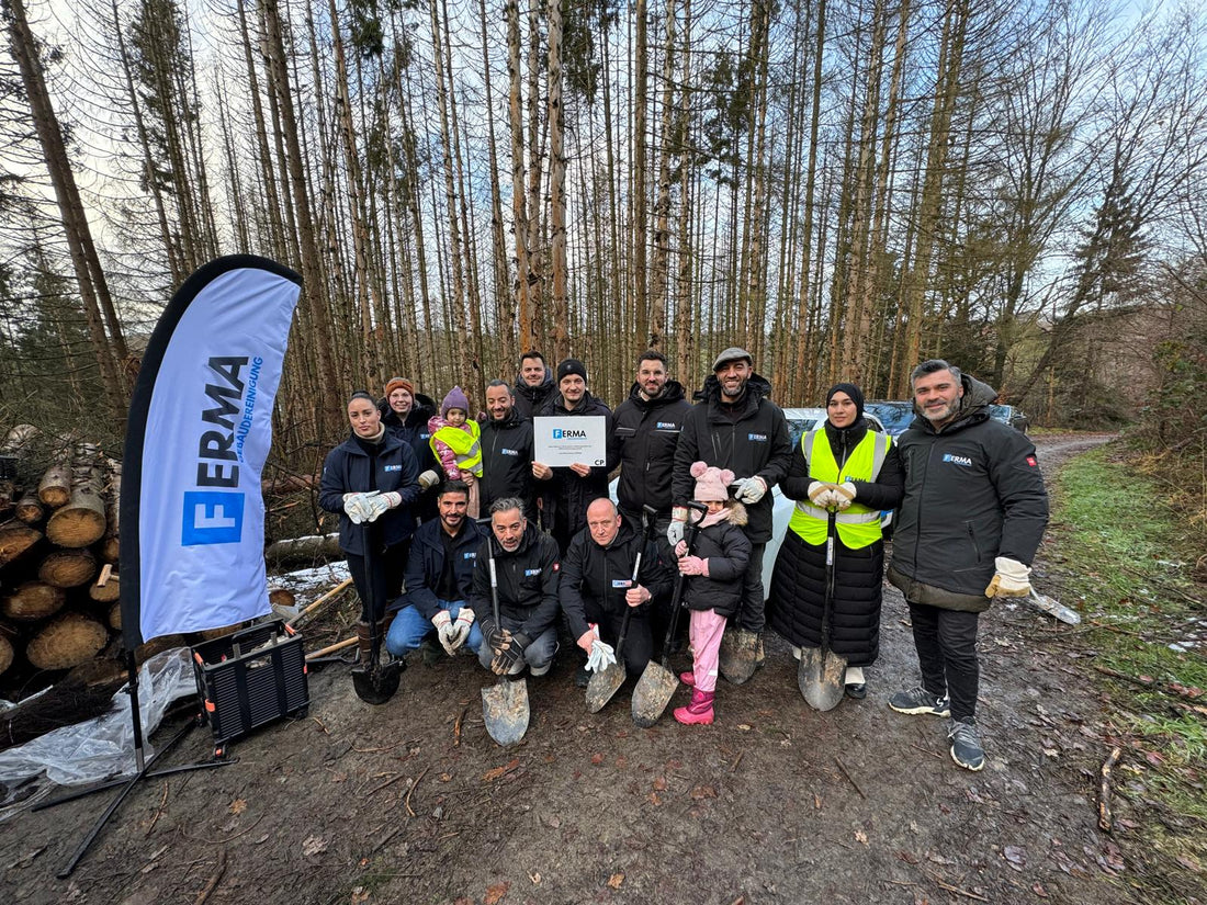 Die Mitarbeiter von Ferma posieren im Waldstück für ein Gruppenfoto