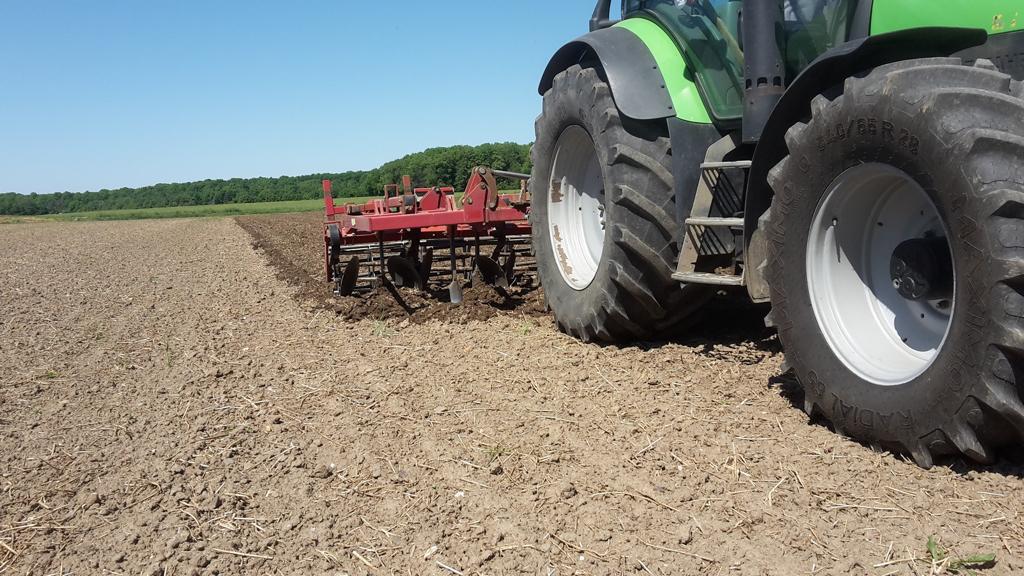 Ein Traktor, der ein Stück Weide umpflügt.