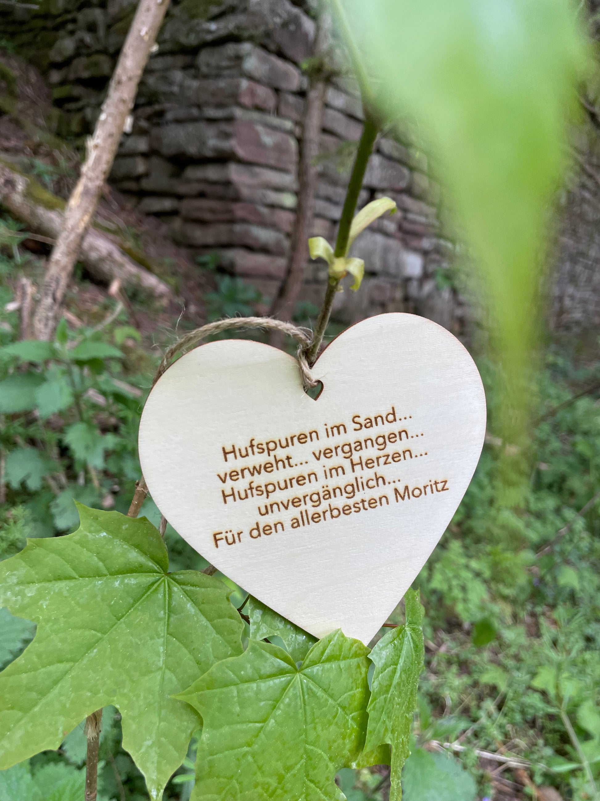 Ein Holzherz aus einer Baumpatenschaft von Forstfreunde mit persönlicher Widmung.