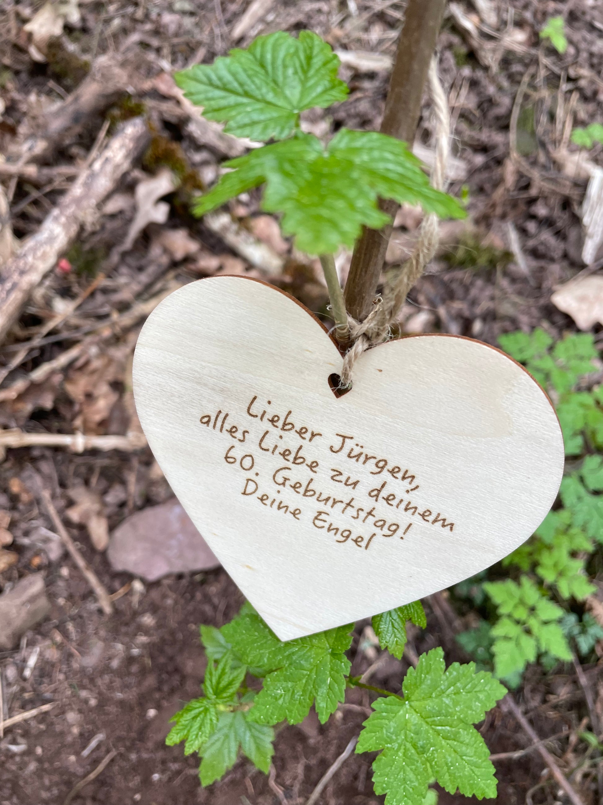 Ein Holzherz aus einer Baumpatenschaft von Forstfreunde mit persönlicher Widmung.