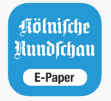 Logo der Kölnischen Rundschau für das E-Paper. Das Logo hat einen blauen Hintergrund mit abgerundeten Ecken. In weißer gotischer Schrift steht 