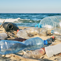 Verschiedene Plastikflaschen und andere Plastikabfälle liegen verstreut am Strand, während im Hintergrund die Wellen des Meeres an den Sand schlagen. Dies verdeutlicht die Problematik der Umweltverschmutzung und die Bedrohung der Küstenökosysteme durch Plastikmüll.