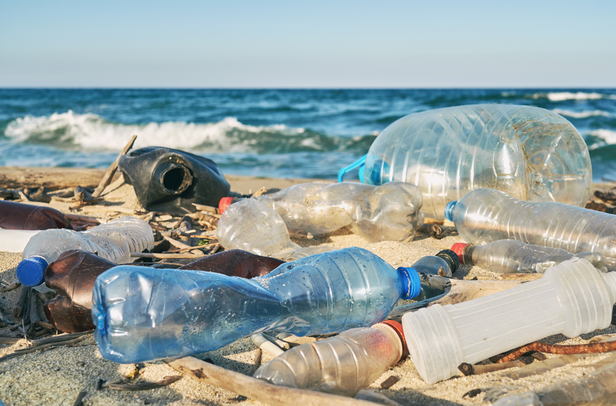 Verschiedene Plastikflaschen und andere Plastikabfälle liegen verstreut am Strand, während im Hintergrund die Wellen des Meeres an den Sand schlagen. Dies verdeutlicht die Problematik der Umweltverschmutzung und die Bedrohung der Küstenökosysteme durch Plastikmüll.