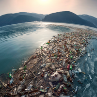 Eine große Menge an Plastikflaschen und anderem Müll schwimmt auf der Oberfläche eines Sees, umgeben von Bergen. Dies veranschaulicht die schwerwiegenden Umweltprobleme durch Plastikverschmutzung in Gewässern.