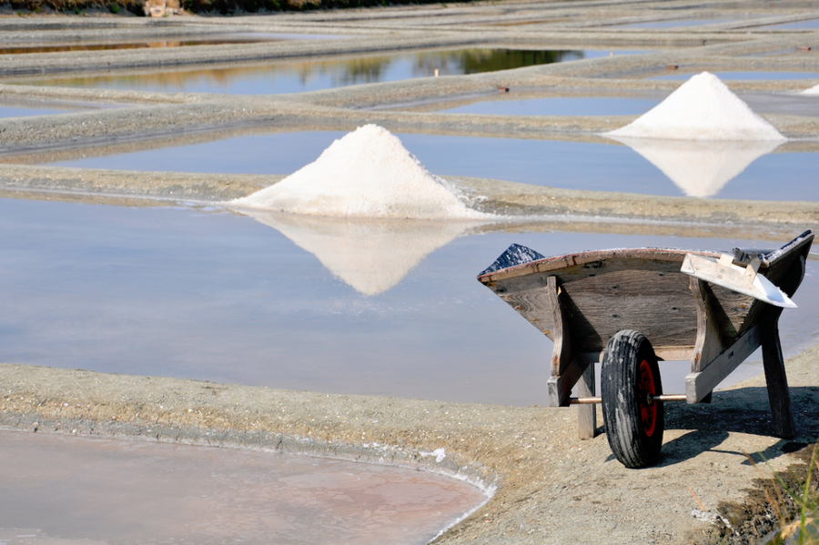 Eine traditionelle Salzgewinnungsanlage mit mehreren flachen Salinenbecken. In einem der Becken ist ein großer Salzberg sichtbar, der sich im Wasser spiegelt. Im Vordergrund steht eine hölzerne Schubkarre, die für den Transport des geernteten Salzes verwendet wird. Die Szene vermittelt einen Eindruck von Handarbeit und traditioneller Salzproduktion.