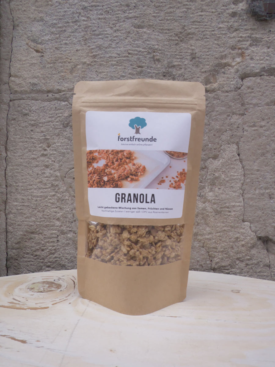 Das Bild zeigt eine braune Packung Granola von Forstfreunde. Auf der Packung befindet sich ein Etikett mit dem Forstfreunde-Logo und einem Bild von Granola auf einem Backblech. Die Packung steht auf einer hellen Holzoberfläche vor einer groben Steinwand.