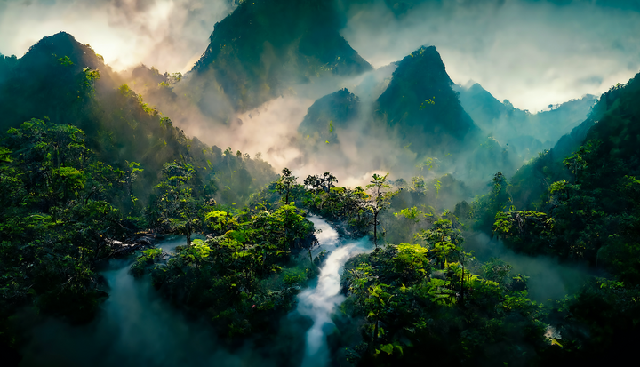 Eine atemberaubende Luftaufnahme eines üppigen, grünen Regenwaldes, durch den sich ein Fluss schlängelt. Der Fluss verläuft inmitten dichter Vegetation, und der Hintergrund zeigt beeindruckende, nebelverhangene Berge. Das Bild strahlt eine mystische Atmosphäre aus, mit grünem Laub und dem nebligen, dunstigen Himmel, der die Szene umhüllt.