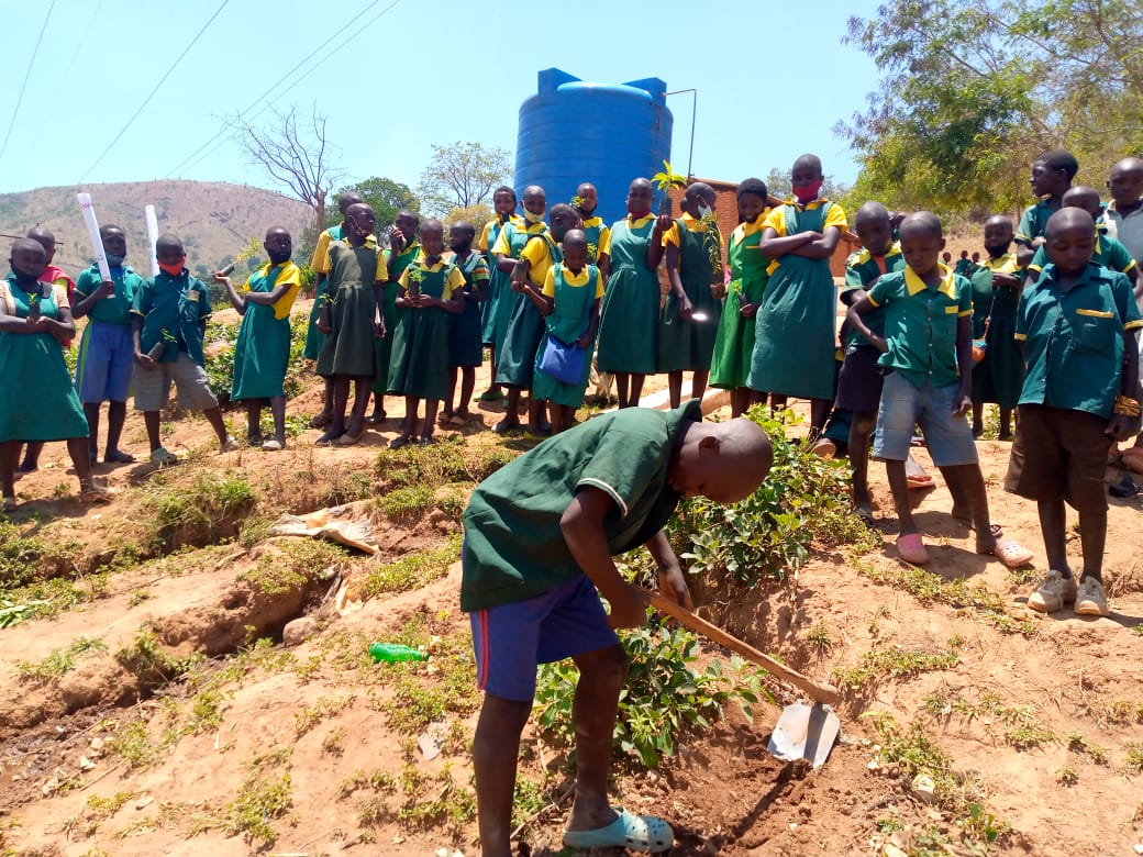 Eine Gruppe von Schulkindern in grünen Uniformen steht auf einem Hügel, während eines der Kinder mit einer Schaufel in der Erde gräbt. Im Hintergrund ist ein blauer Wassertank und hügelige Landschaft zu sehen. Die Kinder nehmen an einer Pflanzaktion teil.