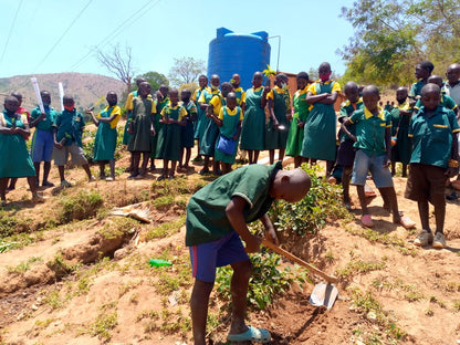 Eine Gruppe von Schulkindern in grünen Uniformen steht auf einem Hügel, während eines der Kinder mit einer Schaufel in der Erde gräbt. Im Hintergrund ist ein blauer Wassertank und hügelige Landschaft zu sehen. Die Kinder nehmen an einer Pflanzaktion teil.