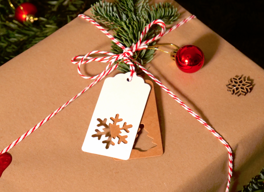 Ein in braunes Papier eingepacktes Weihnachtsgeschenk, verziert mit einer rot-weißen Schnur, einem Tannenzweig und einem weißen Anhänger mit Schneeflockenausschnitt. Daneben liegen eine rote Weihnachtskugel und ein Holzschneeflockenornament